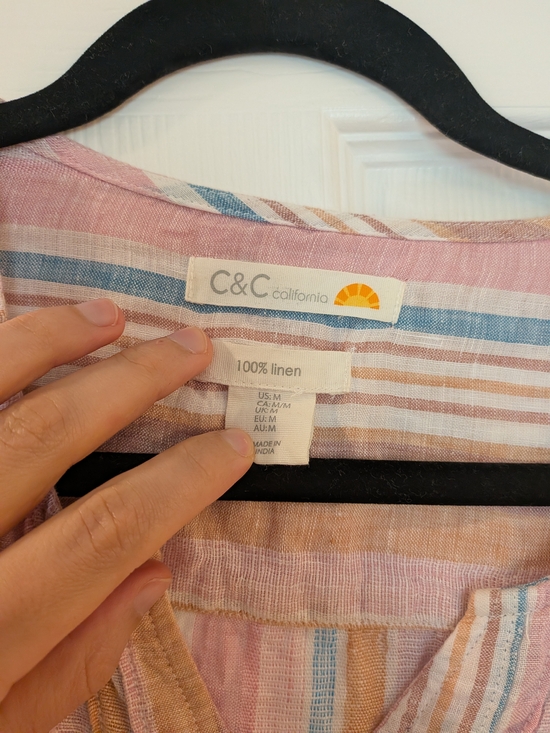C&C California Pastel Striped V-Neck Short Sleeve Linen Top - Picture 2 of 4
